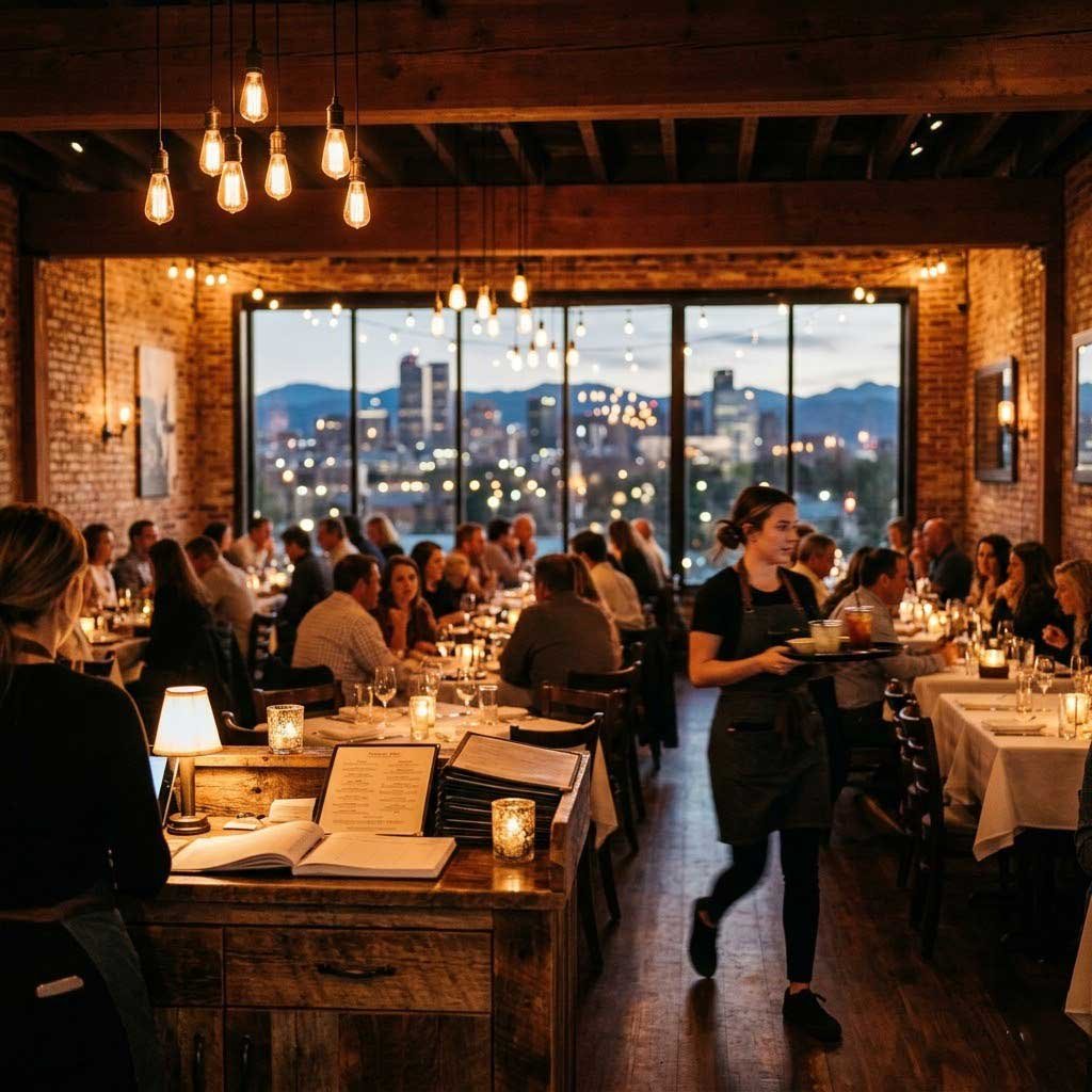 Restaurant insurance Colorado — warm Denver dining room with city skyline view at dusk