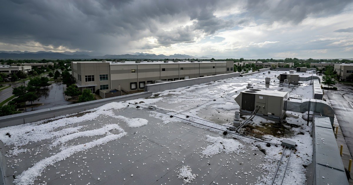 Hail damage on a commercial building roof and rooftop HVAC units in the Denver metro area