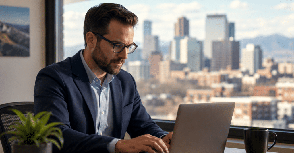Colorado small business owner reviewing data privacy obligations on a laptop in a Denver office