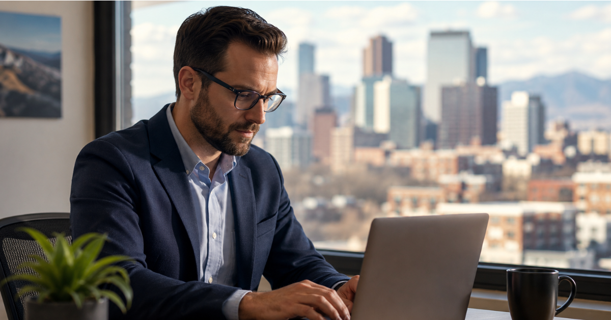 Colorado small business owner reviewing data privacy obligations on a laptop in a Denver office
