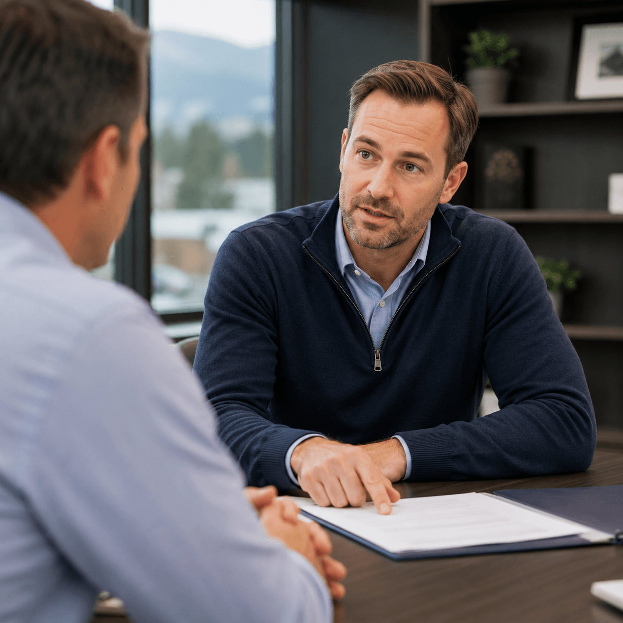 Licensed Colorado insurance broker reviewing renters coverage with a client