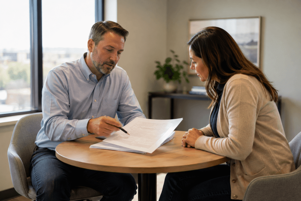 Insurance broker reviewing a commercial policy with a Colorado business owner