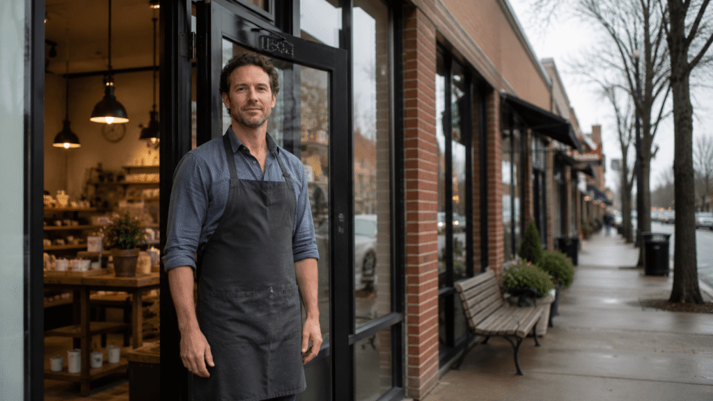 Small business owner outside a Lakewood, Colorado retail storefront