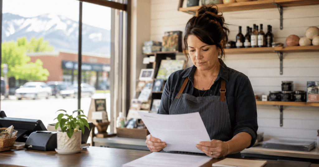 Colorado small business storefront owner reviewing insurance policy documents