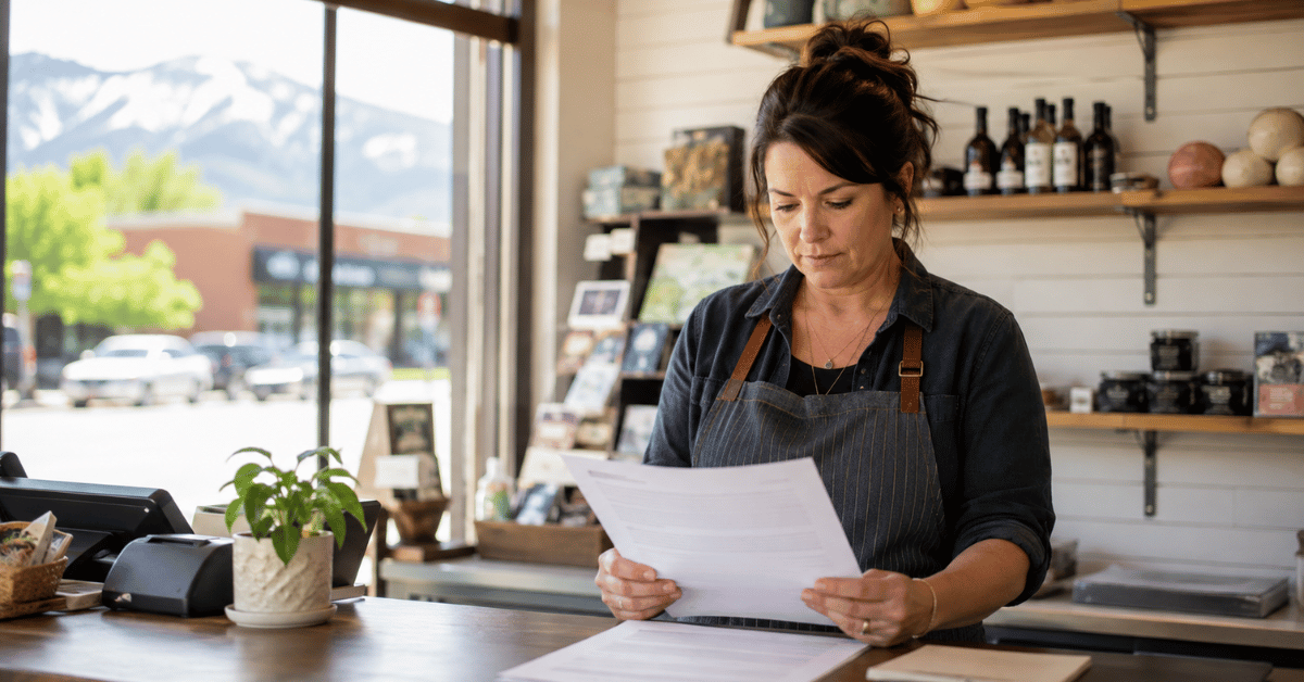 Colorado small business storefront owner reviewing insurance policy documents