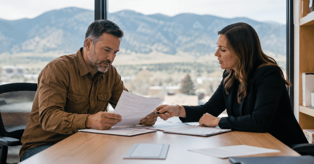Colorado business owner reviewing employment paperwork with a licensed insurance broker