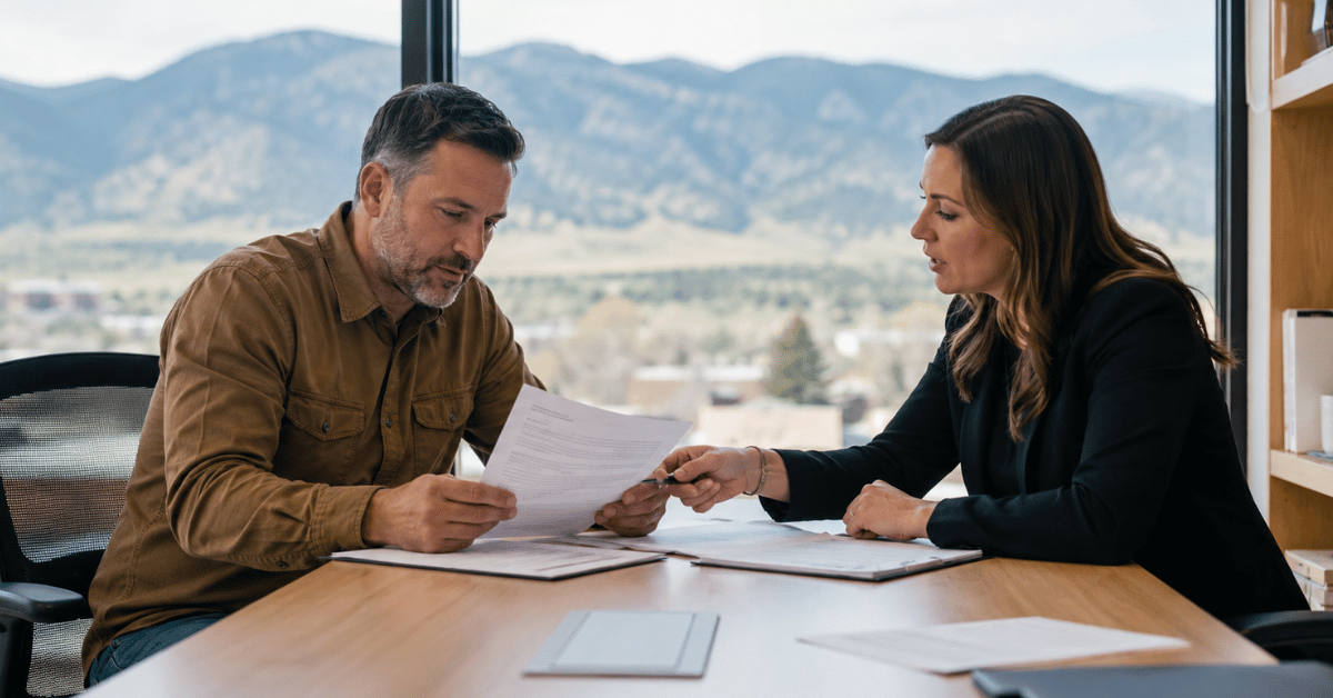 Colorado business owner reviewing employment paperwork with a licensed insurance broker