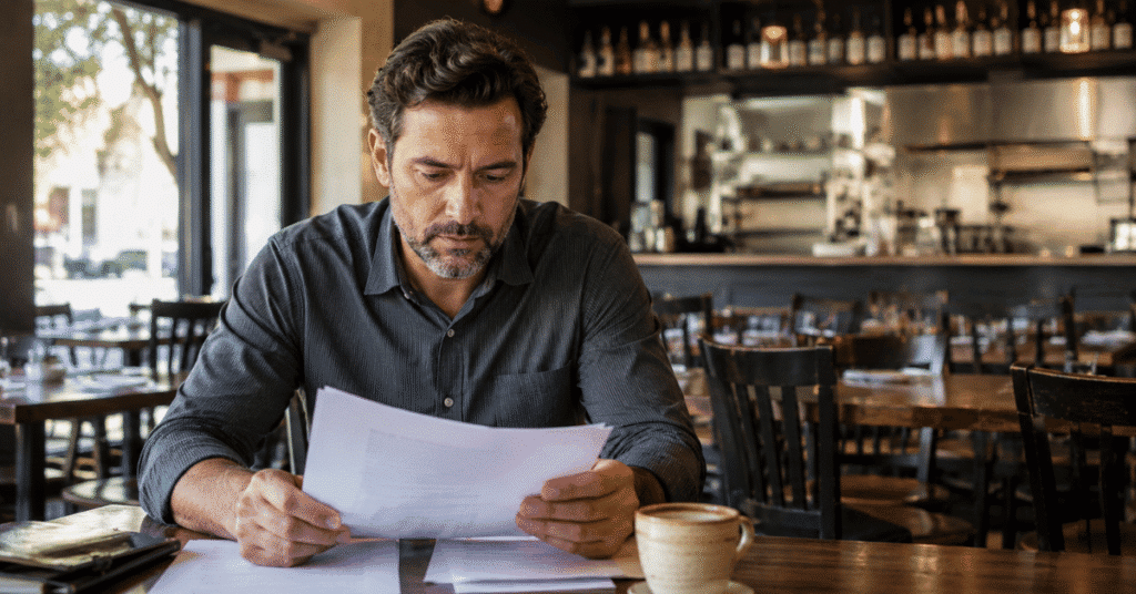 Colorado restaurant owner reviewing insurance paperwork in an empty dining room