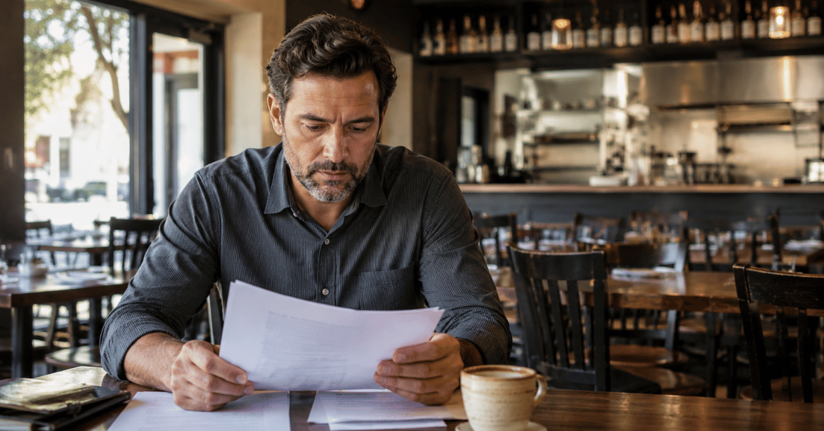 Colorado restaurant owner reviewing insurance paperwork in an empty dining room