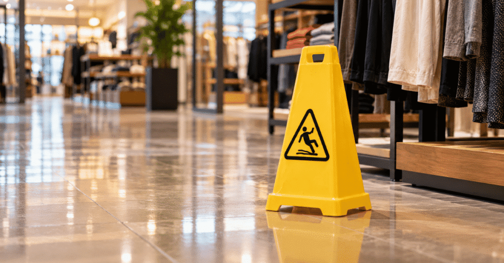 caution cone standing on a polished retail store floor