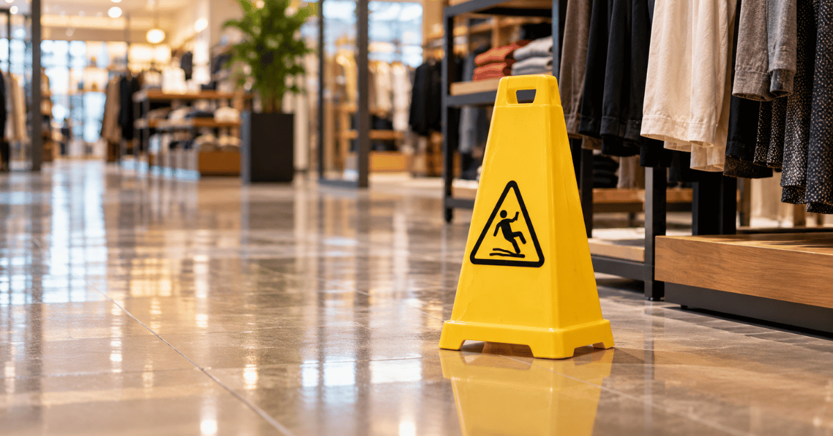 caution cone standing on a polished retail store floor