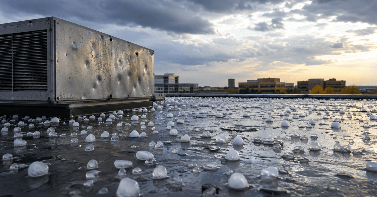 Hailstones covering a damaged commercial rooftop and dented HVAC unit after an August hail storm in Colorado