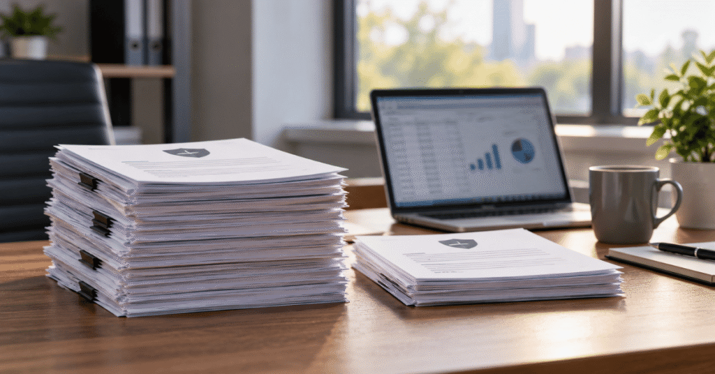 Insurance policy documents in two stacks beside a laptop with a comparison chart