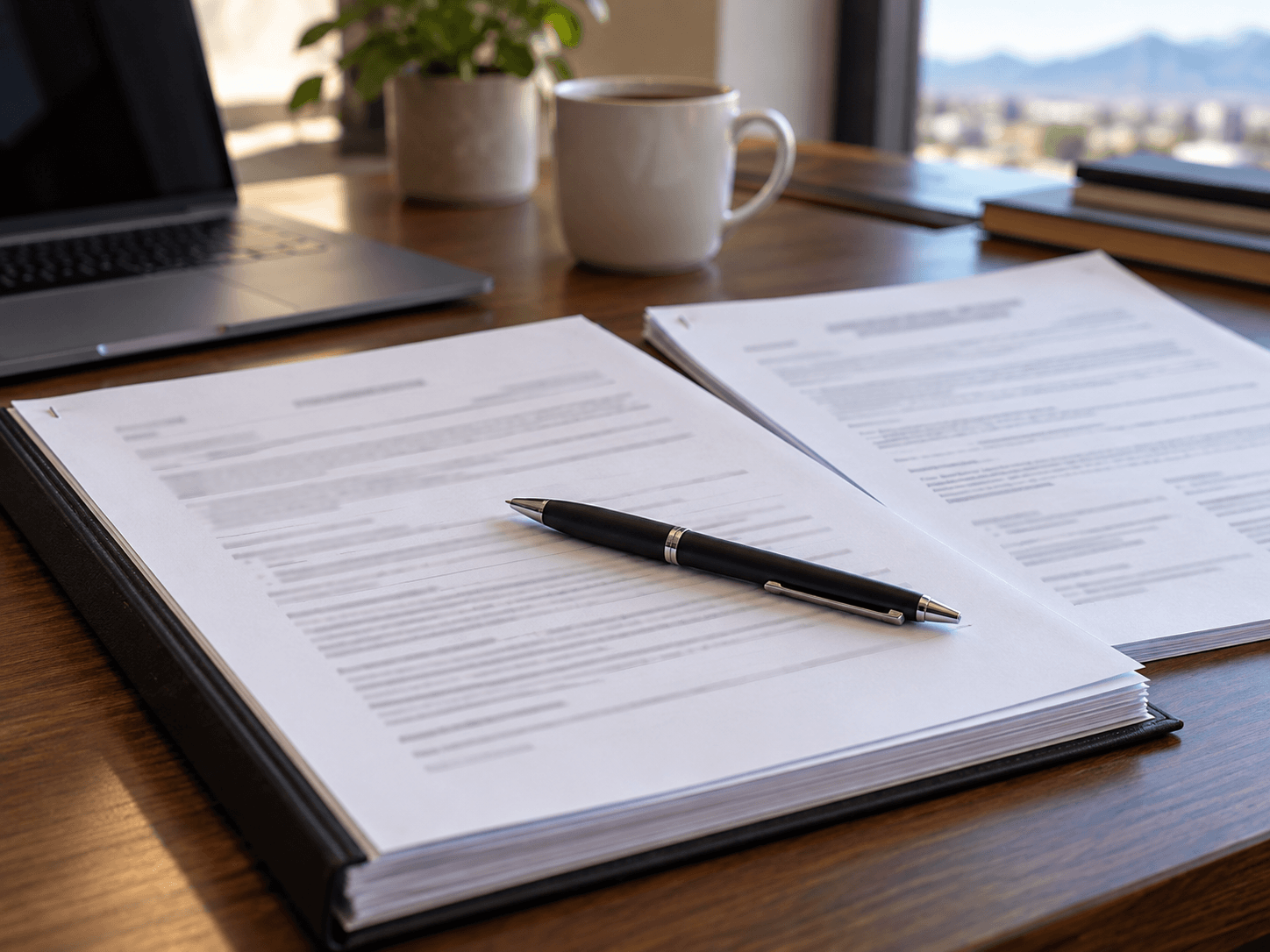 Printed financial statements and a laptop on a broker's office desk