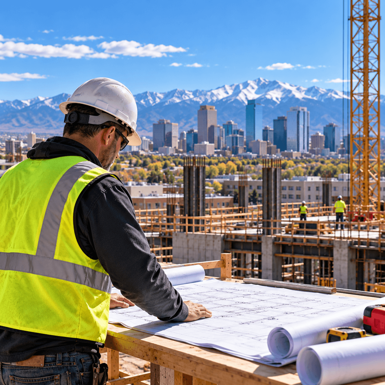 Colorado general contractor reviewing plans at a Denver metro commercial construction site