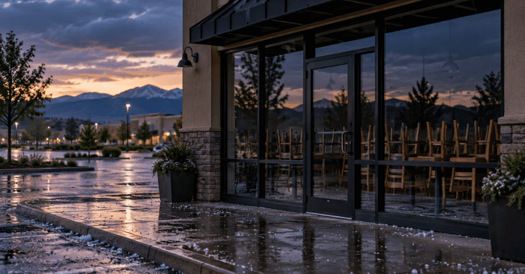 Dark storefront with chairs stacked behind the glass in a Denver-area shopping center at dusk