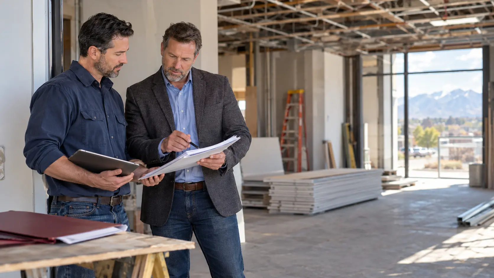 Two men reviewing contract documents inside an unfinished commercial space