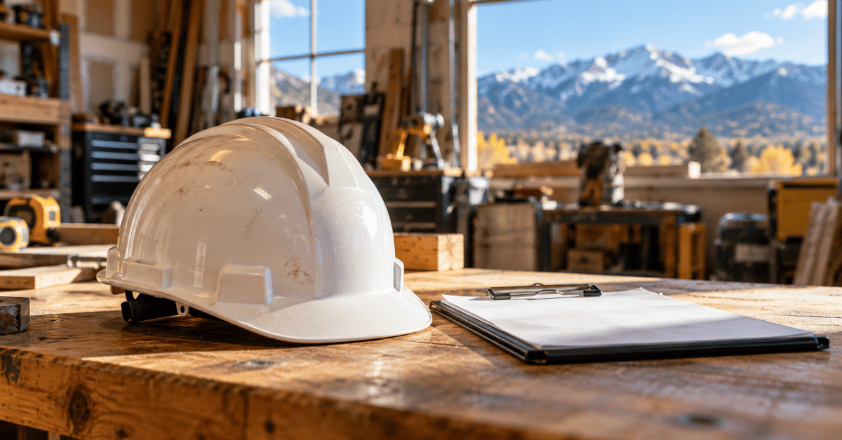 Hard hat and clipboard on a workbench in a Colorado contractor's shop