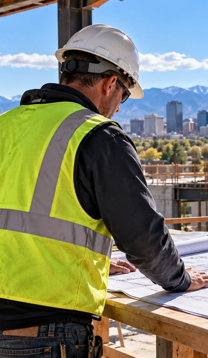 Bound construction contract and bond form on a desk in a Colorado contractor office