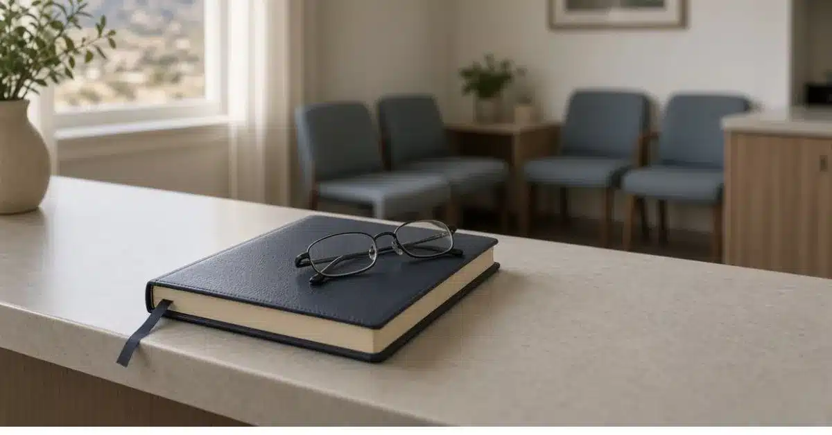 Reception desk with a closed appointment book in a quiet Colorado medical office
